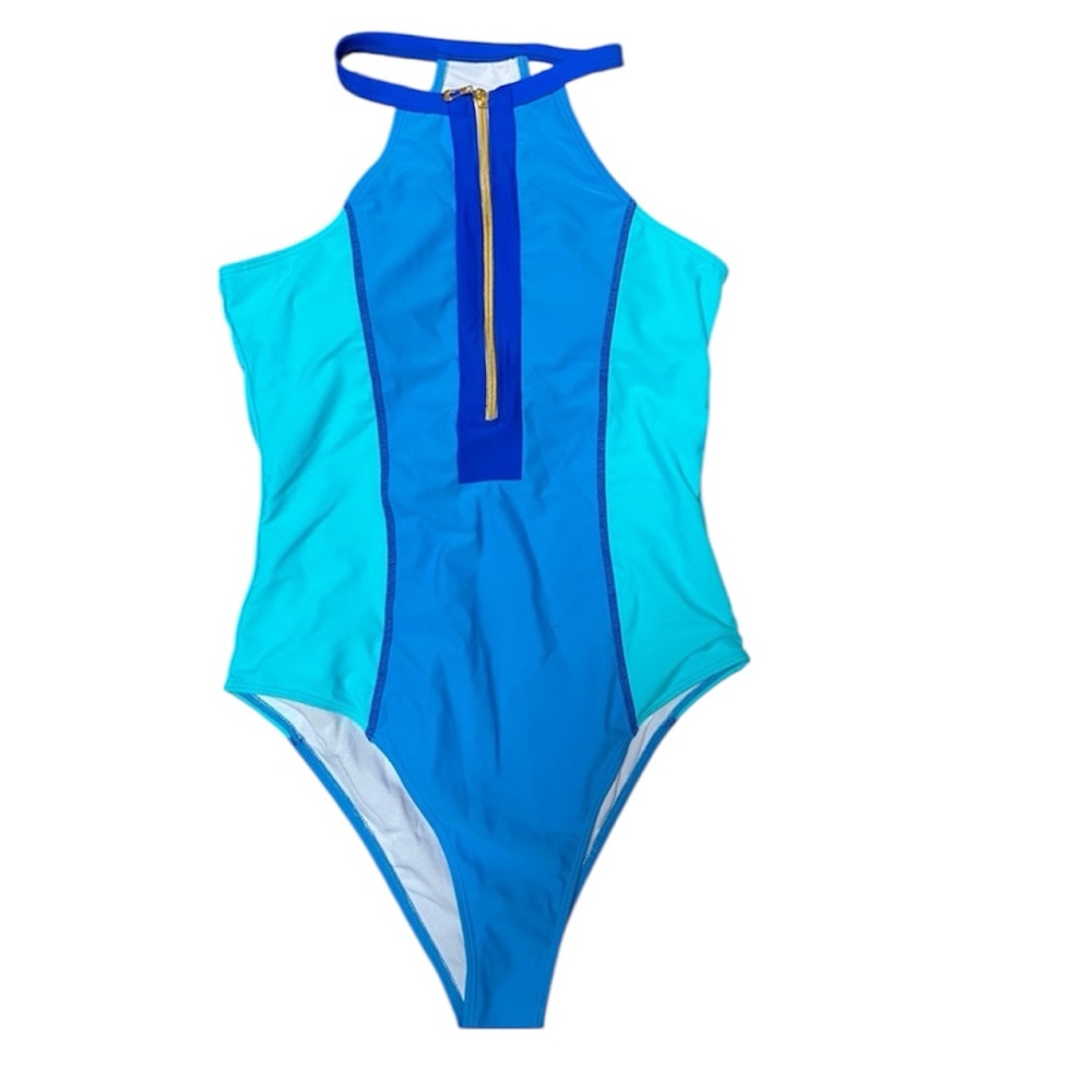 Women's Colorblock Zip Front One Piece Swimsuit, L
